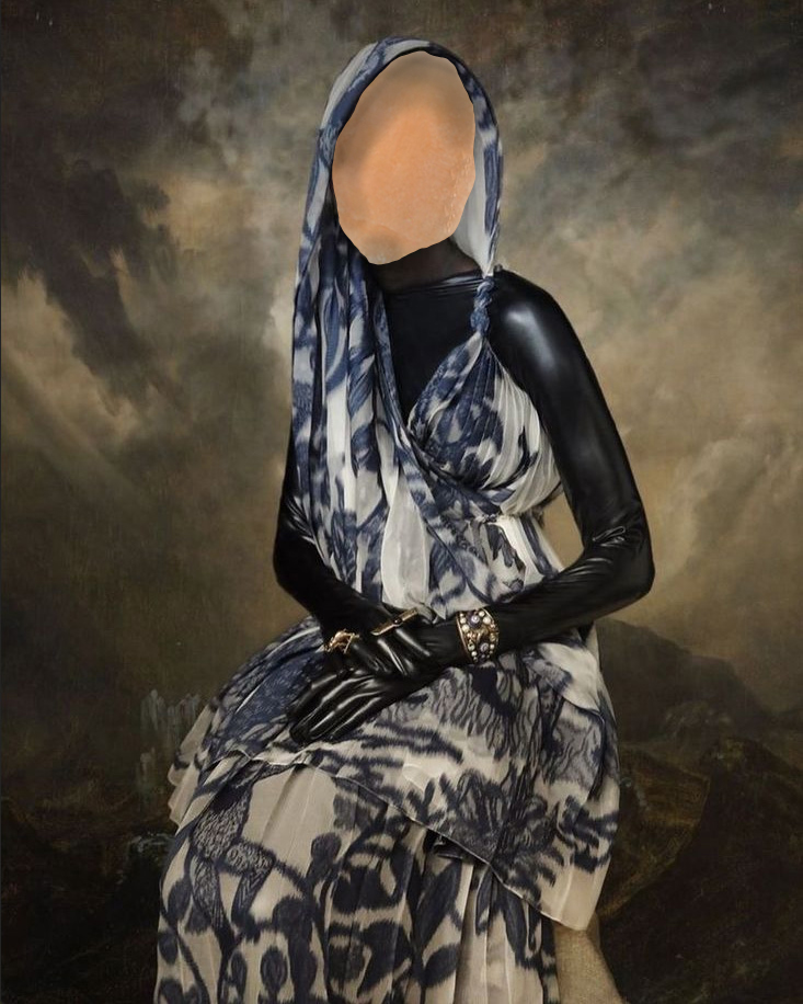 woman wearing black shirt with white and blue pattern dress and scarf